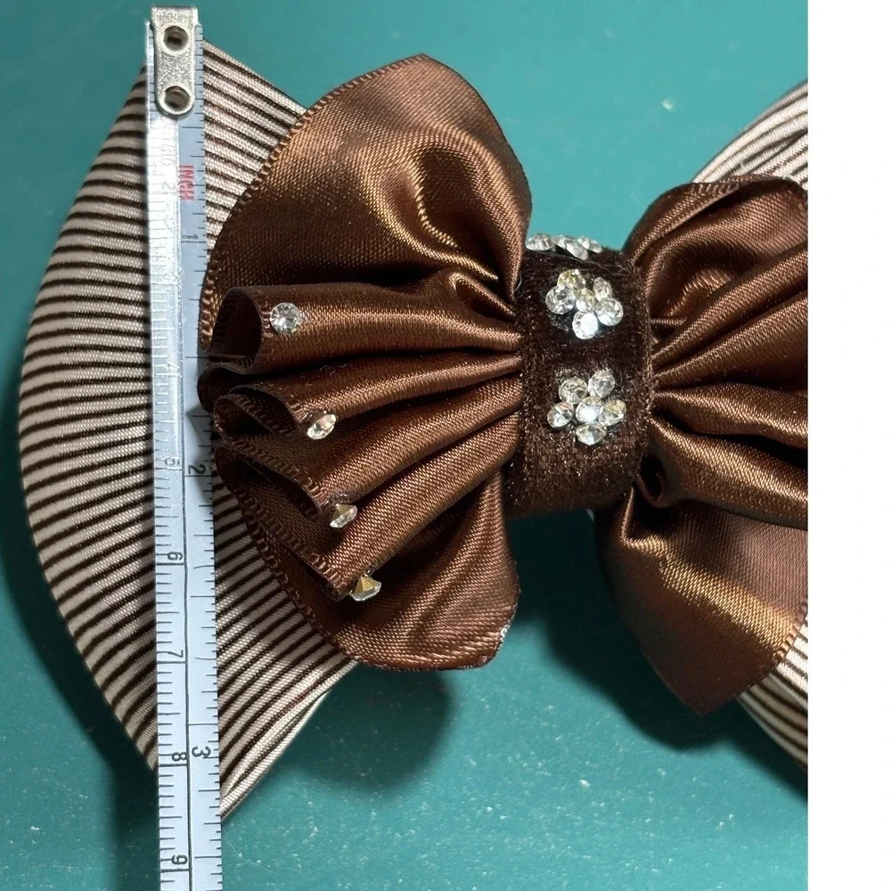 Brown Striped Satin‎ Rhinestone Hair Bow Barrette Clip Elegant Accessory